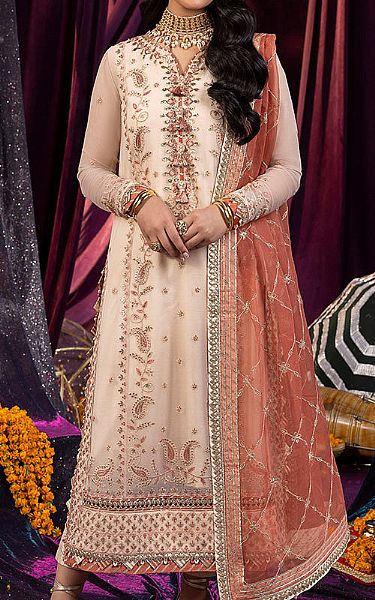 Asim Jofa Almond/Peach Chiffon Suit | Pakistani Embroidered Chiffon Dresses- Image 1