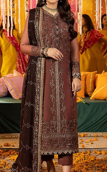 Asim Jofa Lotus Brown Chiffon Suit | Pakistani Embroidered Chiffon Dresses- Image 1