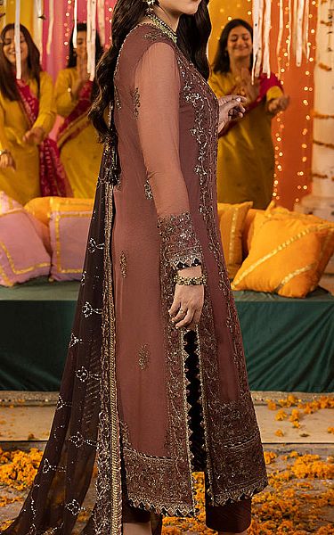 Asim Jofa Lotus Brown Chiffon Suit | Pakistani Embroidered Chiffon Dresses- Image 2