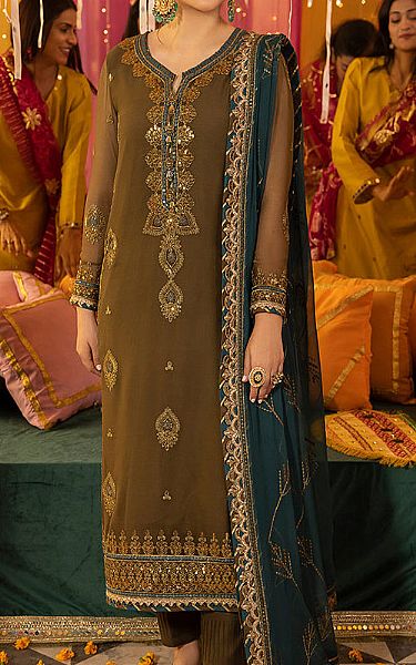 Asim Jofa Olive Green Chiffon Suit | Pakistani Embroidered Chiffon Dresses- Image 1