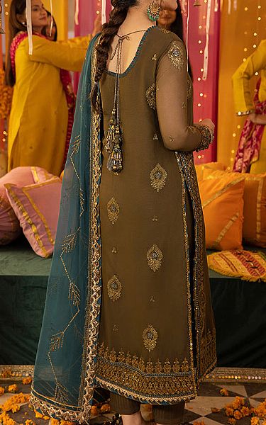 Asim Jofa Olive Green Chiffon Suit | Pakistani Embroidered Chiffon Dresses- Image 2
