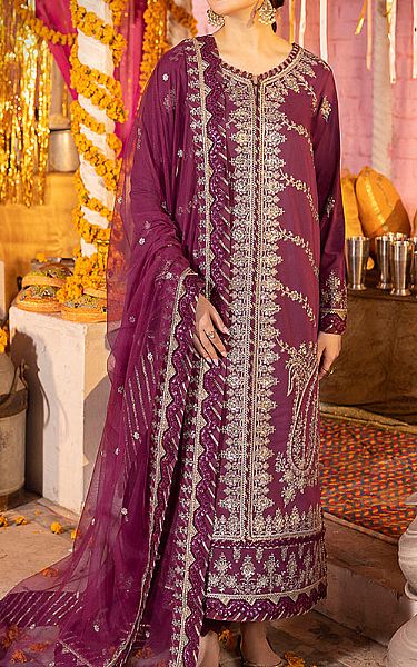 Asim Jofa Purple Lawn Silk Suit | Pakistani Embroidered Chiffon Dresses- Image 1