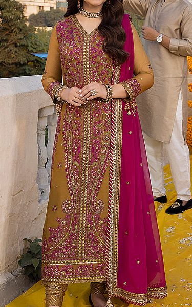 Asim Jofa Lu__ Gold Chiffon Suit | Pakistani Embroidered Chiffon Dresses- Image 1