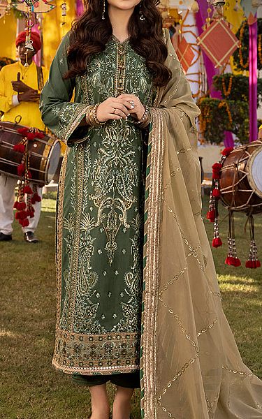 Asim Jofa Green Lawn Silk Suit | Pakistani Embroidered Chiffon Dresses- Image 1
