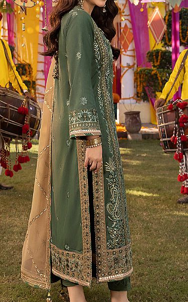Asim Jofa Green Lawn Silk Suit | Pakistani Embroidered Chiffon Dresses- Image 2