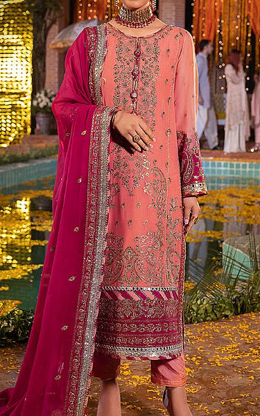 Asim Jofa Rose Pink Chiffon Suit | Pakistani Embroidered Chiffon Dresses- Image 1