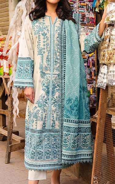 Asim Jofa Off White/Light Turquoise Lawn Suit | Pakistani Lawn Dress in USA- Image 1