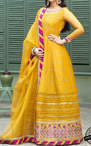 Asim Jofa Gold Yellow Organza Suit | Pakistani Embroidered Chiffon Dresses- Image 1