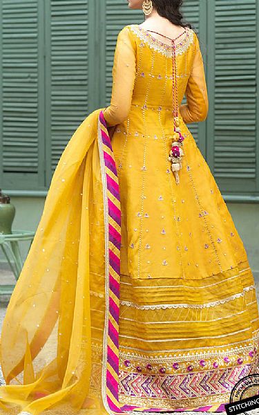 Asim Jofa Gold Yellow Organza Suit | Pakistani Embroidered Chiffon Dresses- Image 2