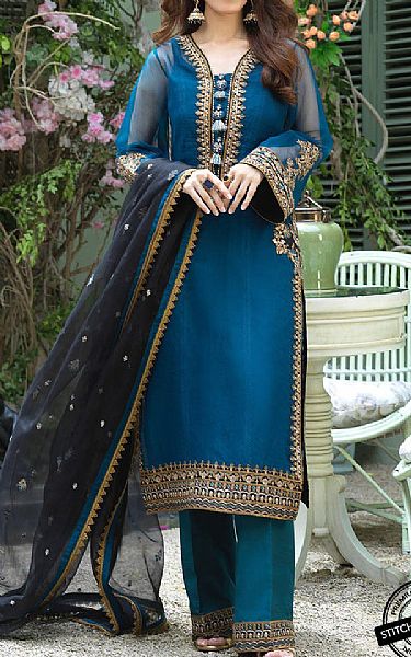 Asim Jofa Denim Blue Organza Suit | Pakistani Dresses in USA- Image 1