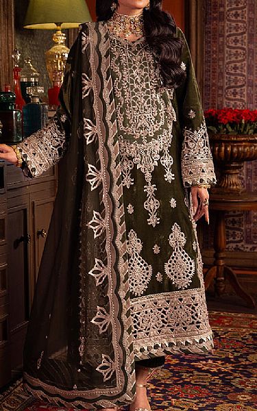 Asim Jofa Olive Green Velvet Suit | Pakistani Winter Dresses- Image 1