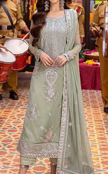 Asim Jofa Sage Green Net Suit | Pakistani Embroidered Chiffon Dresses USA- Image 1