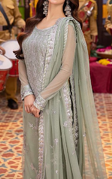 Asim Jofa Sage Green Net Suit | Pakistani Embroidered Chiffon Dresses USA- Image 2