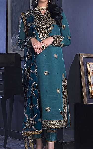 Asim Jofa Teal Cotton Silk Suit | Pakistani Dresses in USA- Image 1