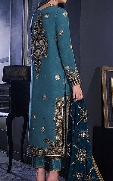 Asim Jofa Teal Cotton Silk Suit | Pakistani Dresses in USA- Image 2