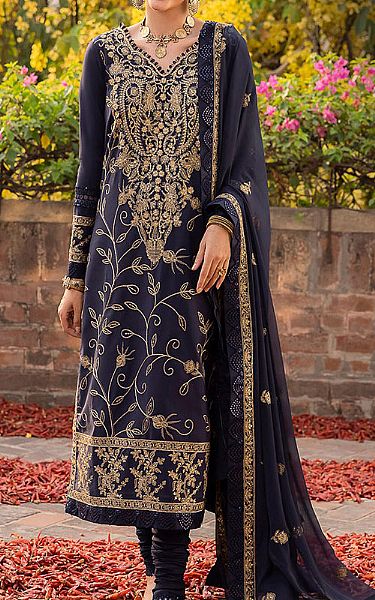 Asim Jofa Navy Blue Lawn Silk Suit | Pakistani Lawn Dress in USA- Image 1