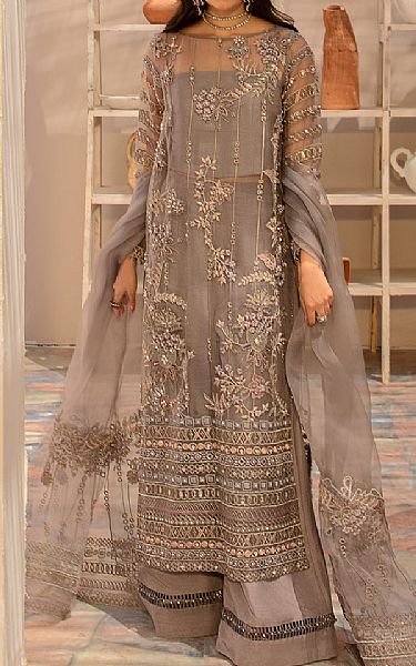 Ayesha Usman Light Grey Organza Suit | Pakistani Embroidered Chiffon Dresses- Image 1