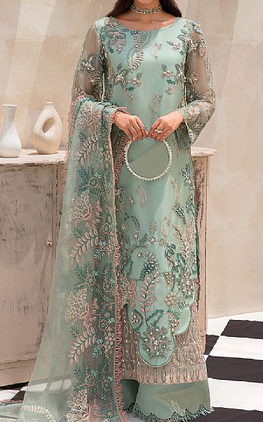 Ayesha Usman Light Turquoise Organza Suit | Pakistani Embroidered Chiffon Dresses- Image 1