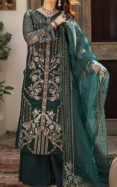 Ayesha Usman Dark Green Organza Suit | Pakistani Embroidered Chiffon Dresses- Image 1