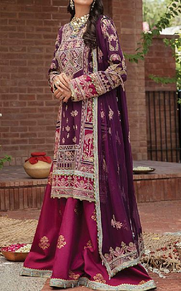 Afrozeh Egg Plant Raw Silk Suit | Pakistani Dresses in USA- Image 1