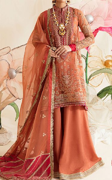 Ayzel Peach Organza Suit | Pakistani Embroidered Chiffon Dresses- Image 1