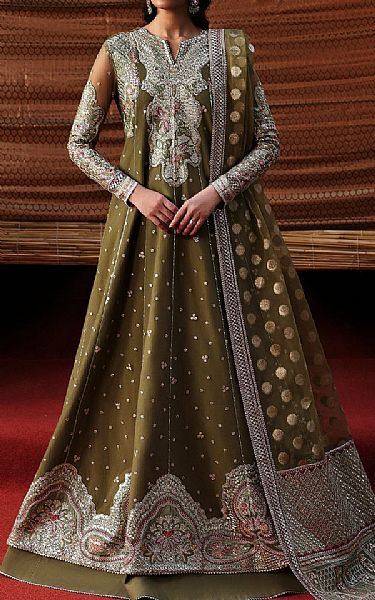 Ayzel Olive Green Net Suit | Pakistani Embroidered Chiffon Dresses USA