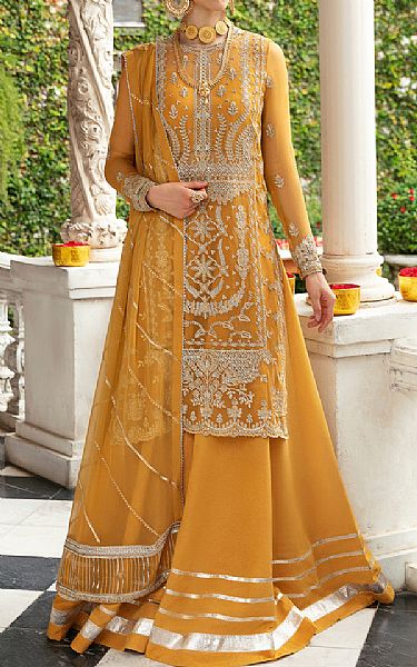 Ayzel Mustard Organza Suit | Pakistani Embroidered Chiffon Dresses- Image 1