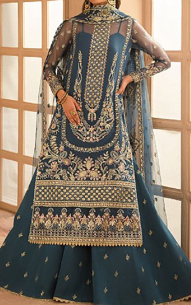 Ayzel Slate Blue Organza Suit | Pakistani Embroidered Chiffon Dresses USA- Image 1