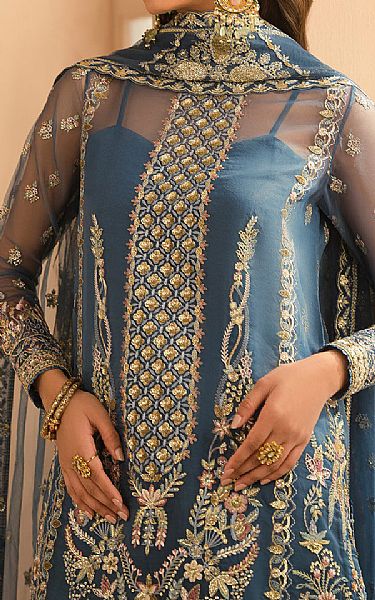 Ayzel Slate Blue Organza Suit | Pakistani Embroidered Chiffon Dresses USA- Image 3