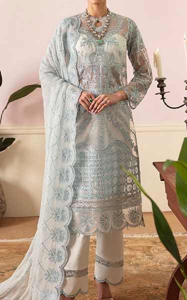 Ayzel White/Sky Blue Organza Suit | Pakistani Embroidered Chiffon Dresses- Image 1