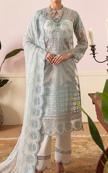 Ayzel White/Sky Blue Organza Suit | Pakistani Embroidered Chiffon Dresses USA- Image 1