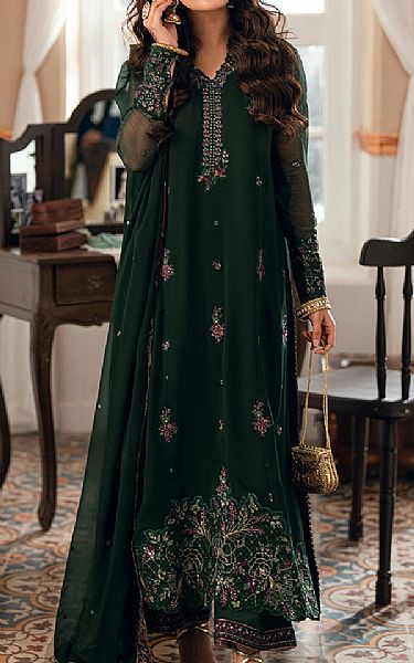 Azure Bottle Green Chiffon Suit | Pakistani Embroidered Chiffon Dresses USA- Image 1