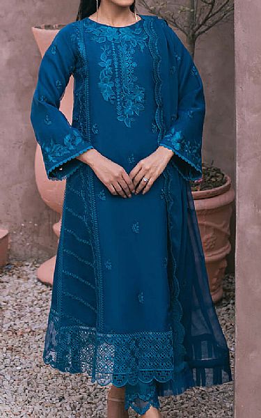 Azure Teal Blue Organza Suit | Pakistani Embroidered Chiffon Dresses USA- Image 1