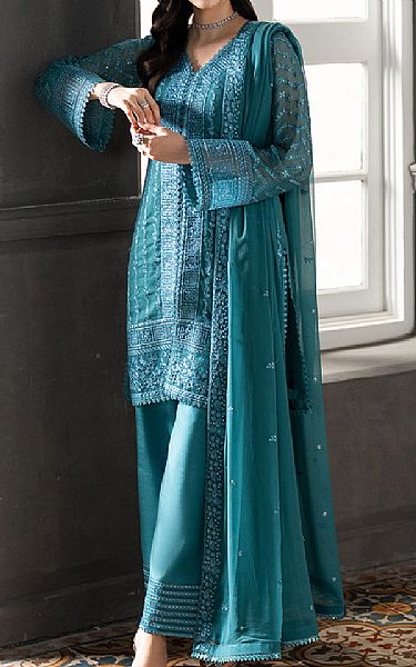 Azure Teal Chiffon Suit | Pakistani Embroidered Chiffon Dresses USA- Image 1