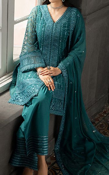 Azure Teal Chiffon Suit | Pakistani Embroidered Chiffon Dresses USA- Image 2