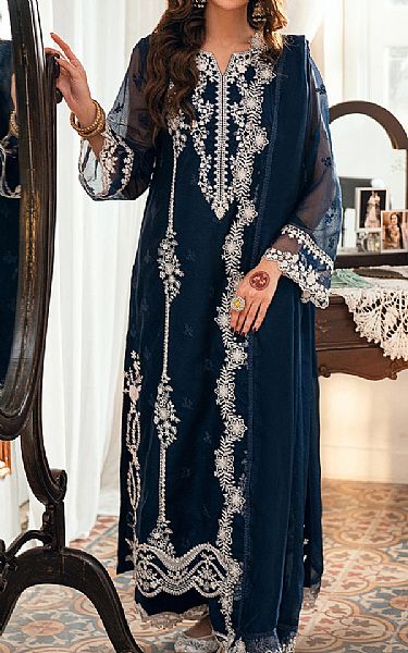 Azure Midnight Blue Net Suit | Pakistani Embroidered Chiffon Dresses USA- Image 1