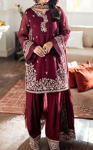Azure Wine Berry Net Suit | Pakistani Embroidered Chiffon Dresses USA- Image 1