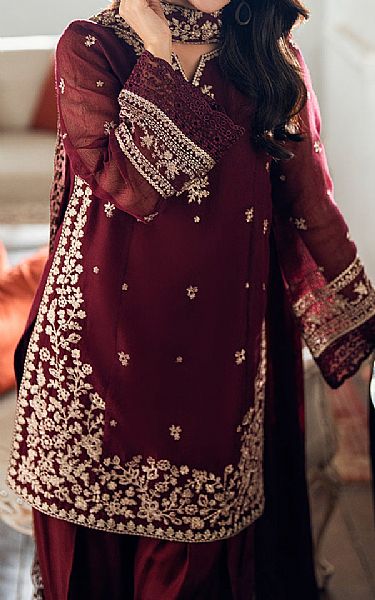 Azure Wine Berry Net Suit | Pakistani Embroidered Chiffon Dresses USA- Image 3