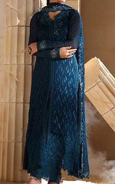 Azure Teal Blue Chiffon Suit | Pakistani Embroidered Chiffon Dresses USA- Image 1