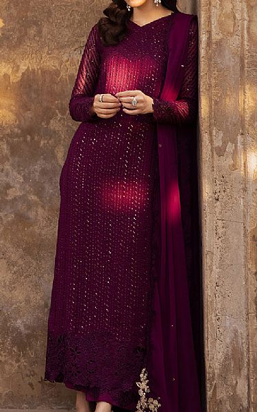 Azure Dark Raspberry Chiffon Suit | Pakistani Embroidered Chiffon Dresses USA- Image 1