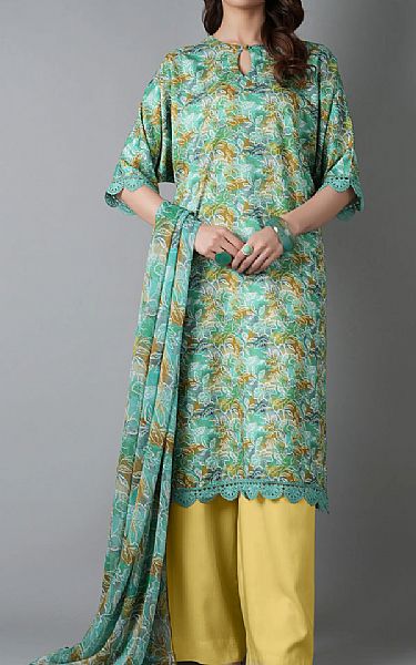 Bareeze Green/Yellow Linen Suit | Pakistani Winter Dresses in USA- Image 1