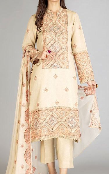 Bareeze Cream Karandi Suit | Pakistani Winter Dresses- Image 1