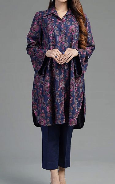 Bareeze Navy Blue Karandi Suit | Pakistani Winter Dresses- Image 1