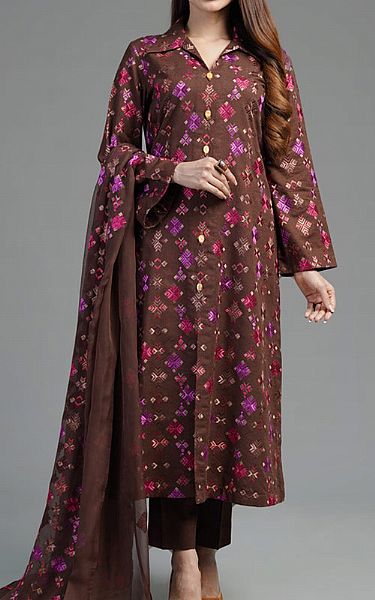 Bareeze Redwood Brown Karandi Suit | Pakistani Winter Dresses- Image 1