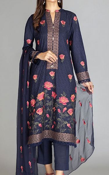 Bareeze Navy Blue Karandi Suit | Pakistani Winter Dresses- Image 1