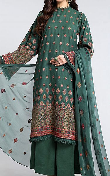 Bareeze Bottle Green Karandi Suit | Pakistani Winter Dresses- Image 1