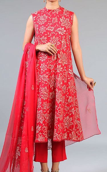 Bareeze Red Chiffon Suit (2 Pcs) | Pakistani Embroidered Chiffon Dresses- Image 1
