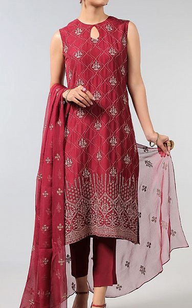 Bareeze Crimson Chiffon Suit (2 Pcs) | Pakistani Embroidered Chiffon Dresses- Image 1