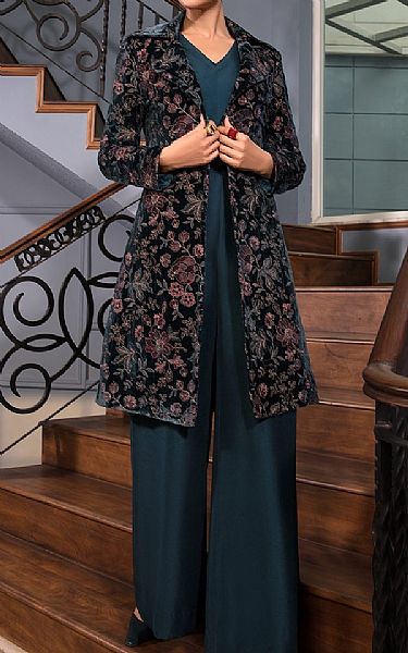Bareeze Teal Blue Velvet Suit (2 Pcs) | Pakistani Winter Dresses- Image 1