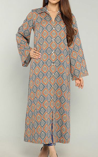 Bareeze Orange/Blue Khaddar Suit | Pakistani Winter Dresses- Image 1